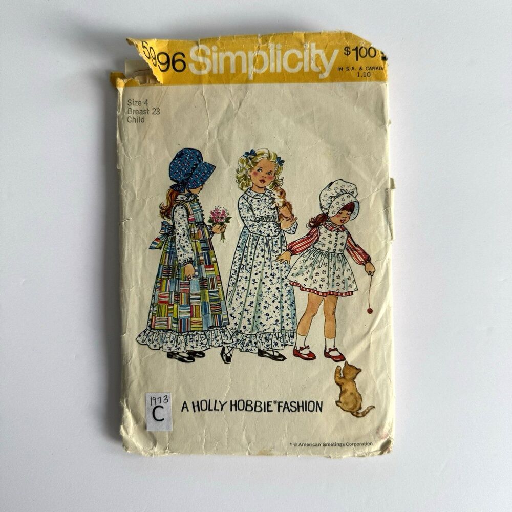 Vtg 70s Simplicity 5996 Sewing Pattern Holly Hobbie Dress Pinafore Bonnet Sz 4